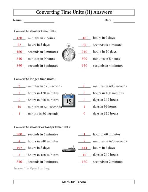 The Converting Between Time Units Including Seconds, Minutes, Hours and Days (One Step Up or Down) (H) Math Worksheet Page 2