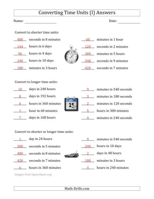 The Converting Between Time Units Including Seconds, Minutes, Hours and Days (One Step Up or Down) (I) Math Worksheet Page 2