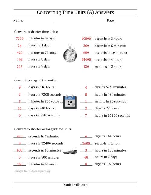 The Converting Between Time Units Including Seconds, Minutes, Hours and Days (One or Two Steps Up or Down) (A) Math Worksheet Page 2
