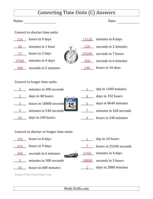 The Converting Between Time Units Including Seconds, Minutes, Hours and Days (One or Two Steps Up or Down) (C) Math Worksheet Page 2