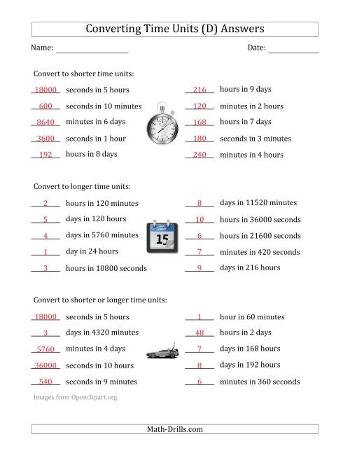 The Converting Between Time Units Including Seconds, Minutes, Hours and Days (One or Two Steps Up or Down) (D) Math Worksheet Page 2
