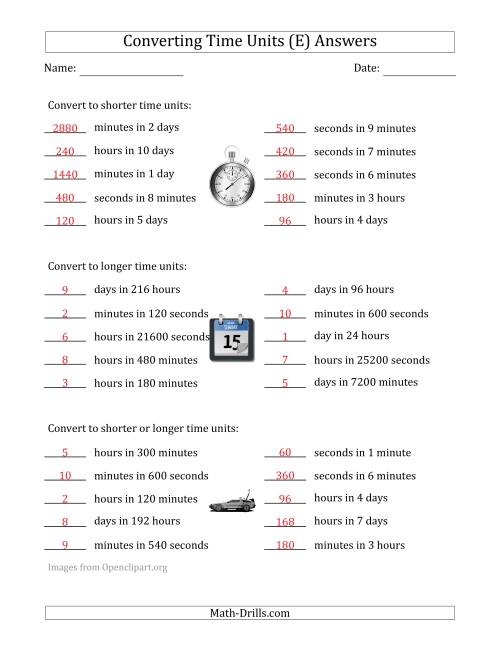 The Converting Between Time Units Including Seconds, Minutes, Hours and Days (One or Two Steps Up or Down) (E) Math Worksheet Page 2
