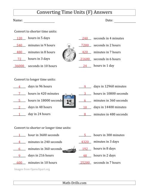 The Converting Between Time Units Including Seconds, Minutes, Hours and Days (One or Two Steps Up or Down) (F) Math Worksheet Page 2
