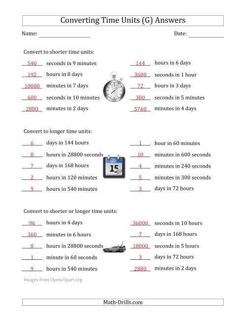 The Converting Between Time Units Including Seconds, Minutes, Hours and Days (One or Two Steps Up or Down) (G) Math Worksheet Page 2