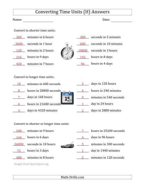 The Converting Between Time Units Including Seconds, Minutes, Hours and Days (One or Two Steps Up or Down) (H) Math Worksheet Page 2
