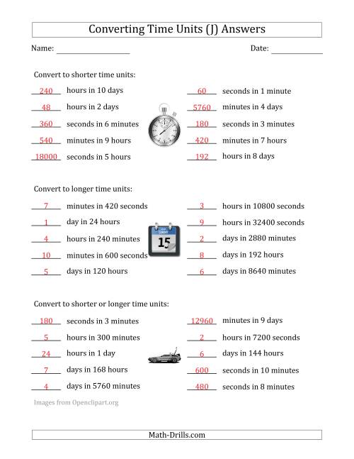 The Converting Between Time Units Including Seconds, Minutes, Hours and Days (One or Two Steps Up or Down) (J) Math Worksheet Page 2
