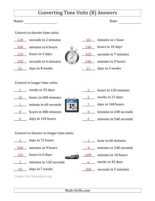 The Converting Between Time Units Including Seconds, Minutes, Hours, Days and Weeks (One Step Up or Down) (B) Math Worksheet Page 2