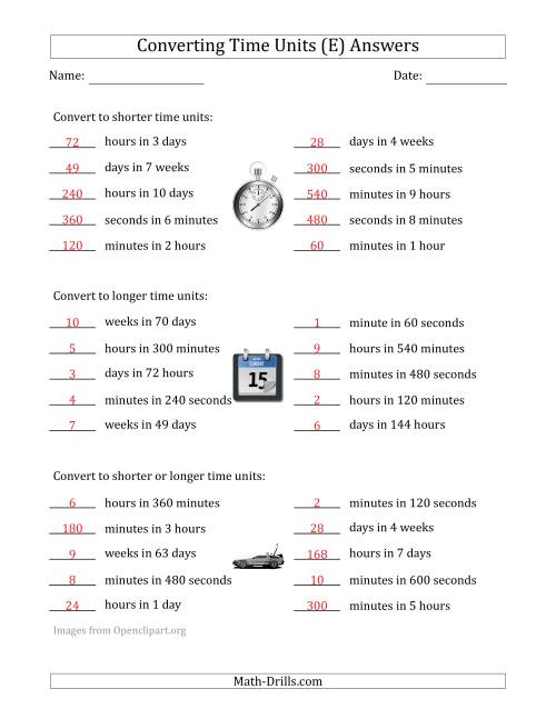 The Converting Between Time Units Including Seconds, Minutes, Hours, Days and Weeks (One Step Up or Down) (E) Math Worksheet Page 2