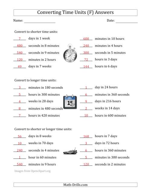 The Converting Between Time Units Including Seconds, Minutes, Hours, Days and Weeks (One Step Up or Down) (F) Math Worksheet Page 2