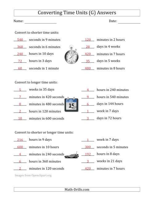 The Converting Between Time Units Including Seconds, Minutes, Hours, Days and Weeks (One Step Up or Down) (G) Math Worksheet Page 2