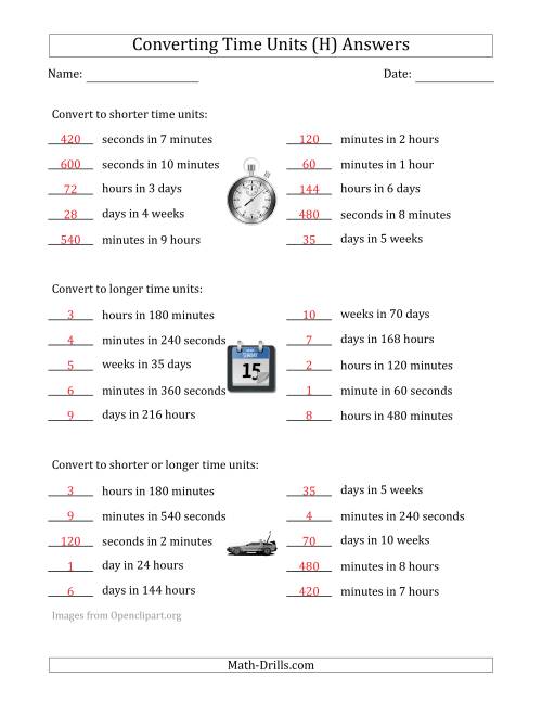 The Converting Between Time Units Including Seconds, Minutes, Hours, Days and Weeks (One Step Up or Down) (H) Math Worksheet Page 2