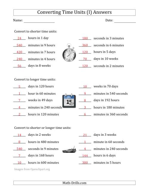 The Converting Between Time Units Including Seconds, Minutes, Hours, Days and Weeks (One Step Up or Down) (I) Math Worksheet Page 2