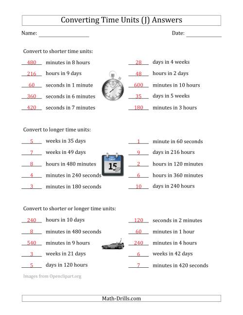 The Converting Between Time Units Including Seconds, Minutes, Hours, Days and Weeks (One Step Up or Down) (J) Math Worksheet Page 2