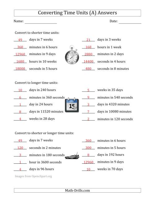 The Converting Between Time Units Including Seconds, Minutes, Hours, Days and Weeks (One or Two Steps Up or Down) (A) Math Worksheet Page 2