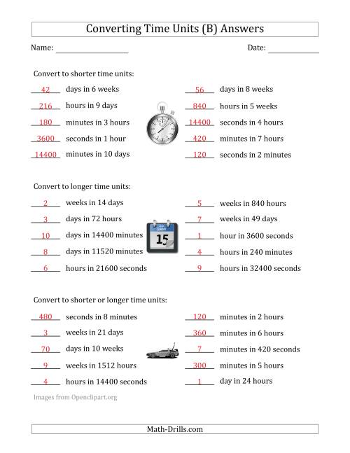 The Converting Between Time Units Including Seconds, Minutes, Hours, Days and Weeks (One or Two Steps Up or Down) (B) Math Worksheet Page 2