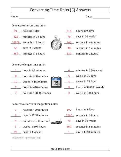 The Converting Between Time Units Including Seconds, Minutes, Hours, Days and Weeks (One or Two Steps Up or Down) (C) Math Worksheet Page 2