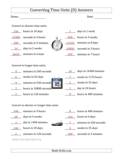 The Converting Between Time Units Including Seconds, Minutes, Hours, Days and Weeks (One or Two Steps Up or Down) (D) Math Worksheet Page 2