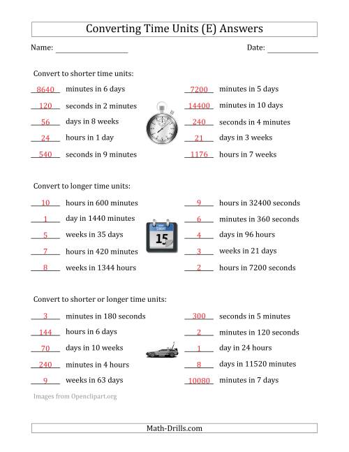 The Converting Between Time Units Including Seconds, Minutes, Hours, Days and Weeks (One or Two Steps Up or Down) (E) Math Worksheet Page 2