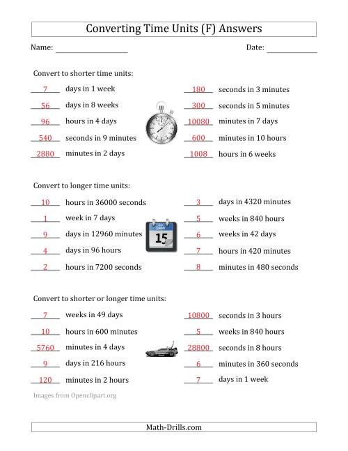 The Converting Between Time Units Including Seconds, Minutes, Hours, Days and Weeks (One or Two Steps Up or Down) (F) Math Worksheet Page 2