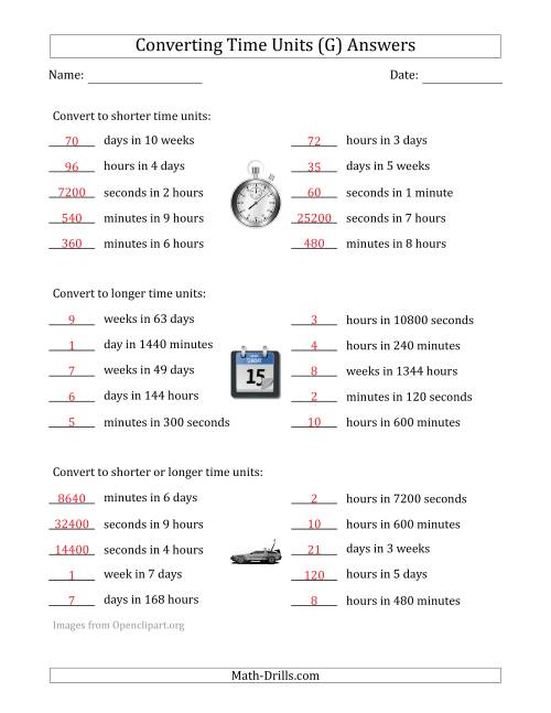The Converting Between Time Units Including Seconds, Minutes, Hours, Days and Weeks (One or Two Steps Up or Down) (G) Math Worksheet Page 2