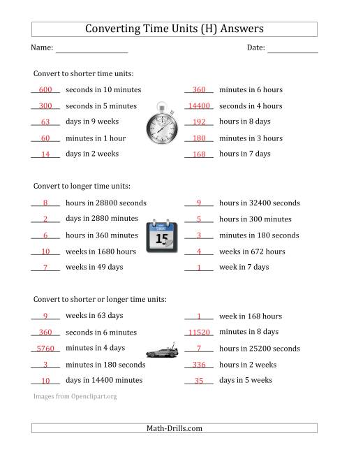 The Converting Between Time Units Including Seconds, Minutes, Hours, Days and Weeks (One or Two Steps Up or Down) (H) Math Worksheet Page 2