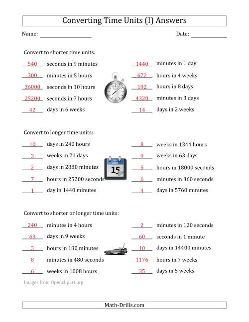 The Converting Between Time Units Including Seconds, Minutes, Hours, Days and Weeks (One or Two Steps Up or Down) (I) Math Worksheet Page 2