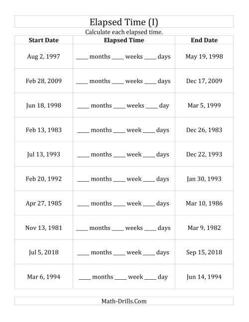 The Calculating the Elapsed Time Between Two Dates in Days, Weeks and Months (I) Math Worksheet