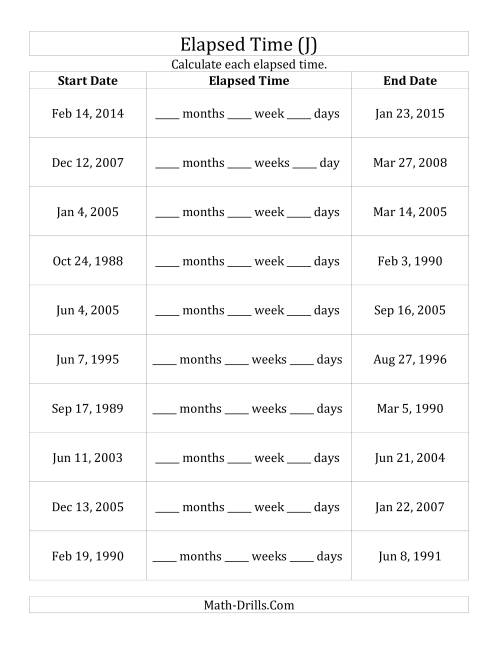 The Calculating the Elapsed Time Between Two Dates in Days, Weeks and Months (J) Math Worksheet