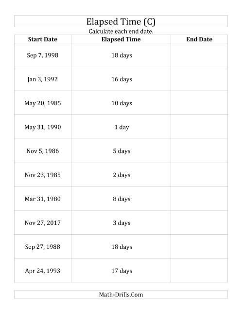 The Calculating the End Date From the Start Date and Elapsed Time in Days (C) Math Worksheet