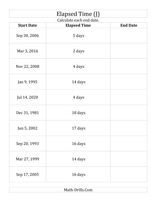 The Calculating the End Date From the Start Date and Elapsed Time in Days (J) Math Worksheet
