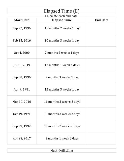 The Calculating the End Date From the Start Date and Elapsed Time in Days, Weeks and Months (E) Math Worksheet