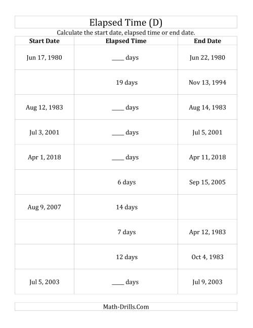 The Calculating Various Start Dates, Elapsed Times and End Dates in Days (D) Math Worksheet