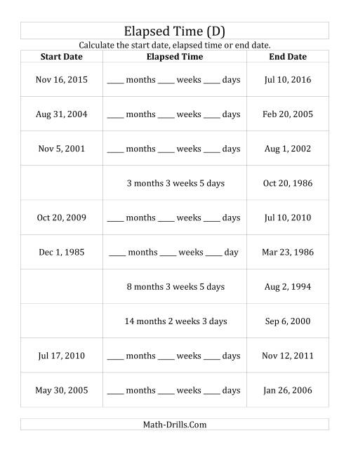 The Calculating Various Start Dates, Elapsed Times and End Dates in Days, Weeks and Months (D) Math Worksheet