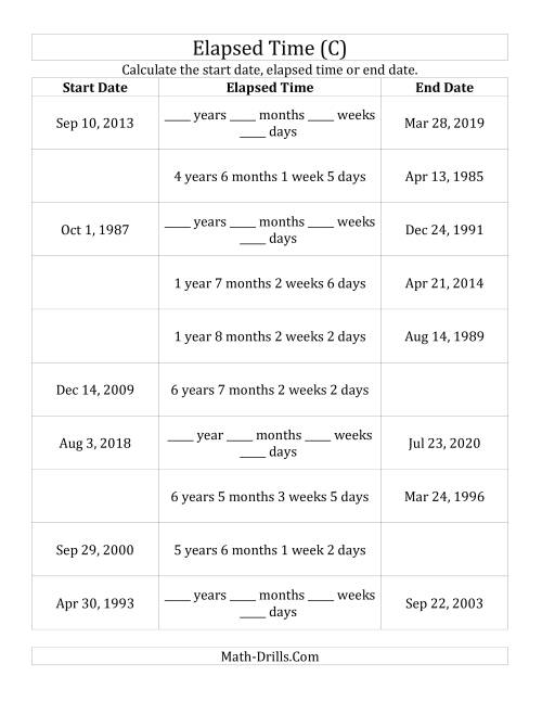 The Calculating Various Start Dates, Elapsed Times and End Dates in Days, Weeks, Months and Years (C) Math Worksheet