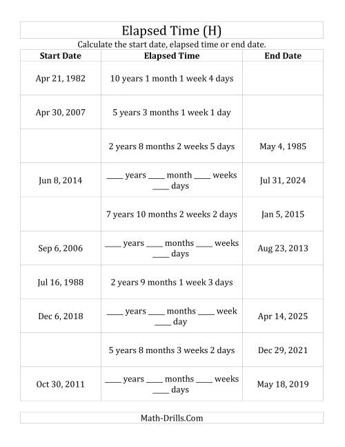 The Calculating Various Start Dates, Elapsed Times and End Dates in Days, Weeks, Months and Years (H) Math Worksheet