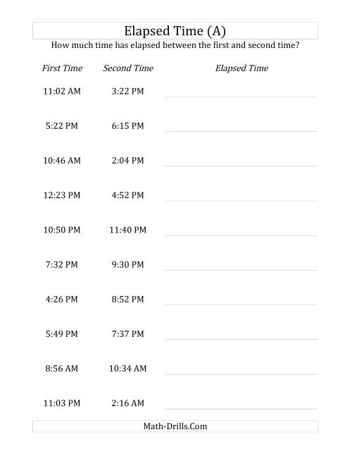 The Elapsed Time up to 5 Hours in 1 Minute Intervals (A) Math Worksheet