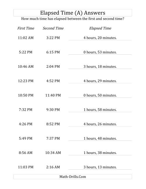 The Elapsed Time up to 5 Hours in 1 Minute Intervals (A) Math Worksheet Page 2