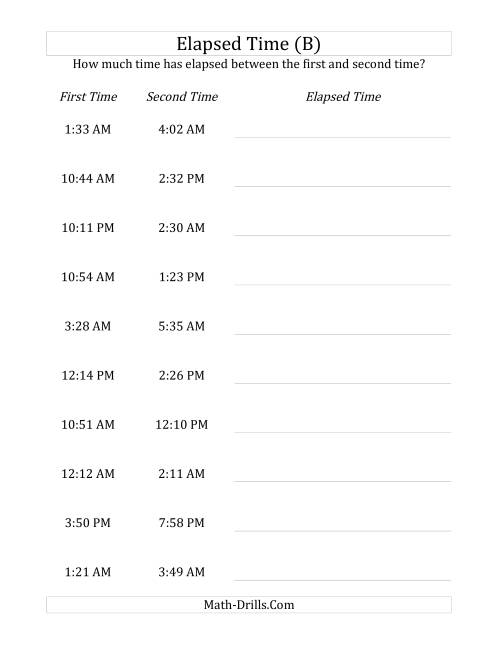 The Elapsed Time up to 5 Hours in 1 Minute Intervals (B) Math Worksheet