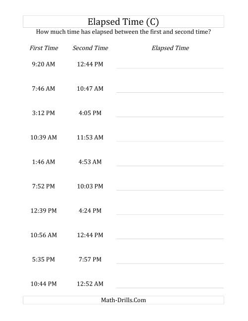 The Elapsed Time up to 5 Hours in 1 Minute Intervals (C) Math Worksheet