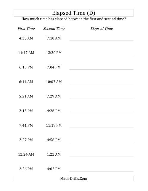 The Elapsed Time up to 5 Hours in 1 Minute Intervals (D) Math Worksheet