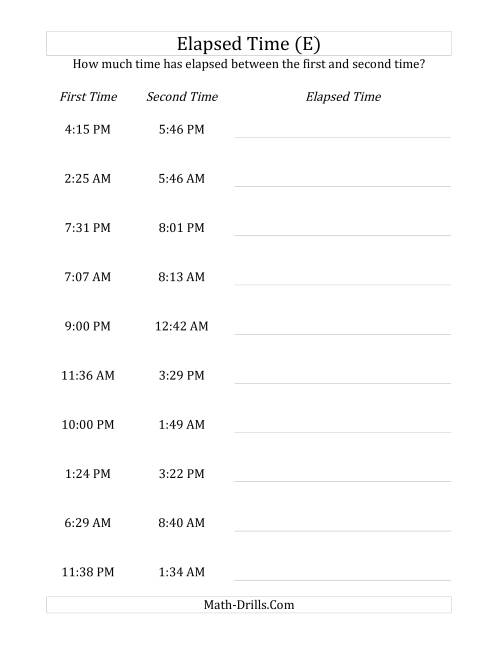The Elapsed Time up to 5 Hours in 1 Minute Intervals (E) Math Worksheet