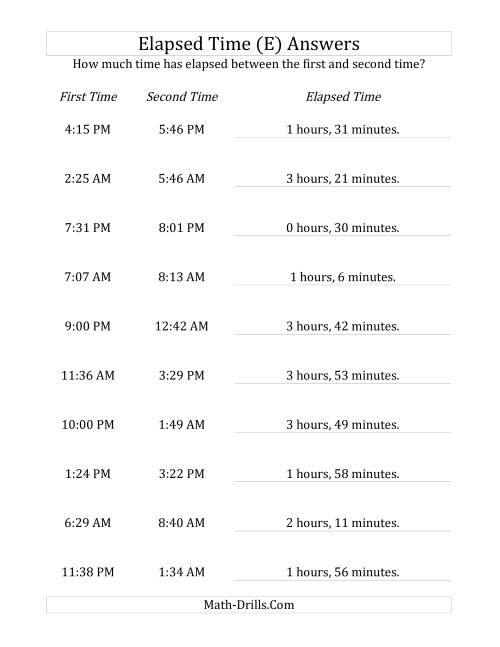The Elapsed Time up to 5 Hours in 1 Minute Intervals (E) Math Worksheet Page 2