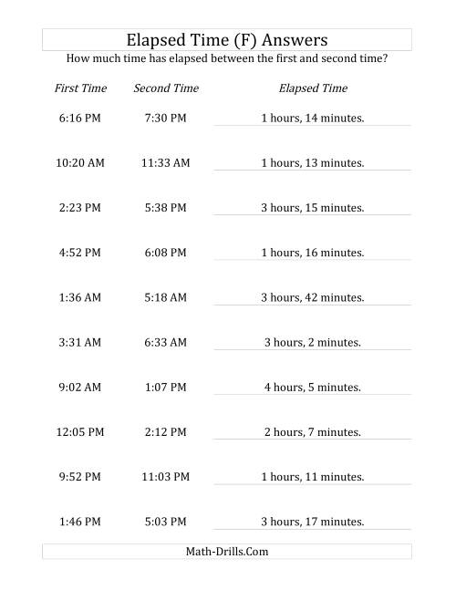 The Elapsed Time up to 5 Hours in 1 Minute Intervals (F) Math Worksheet Page 2