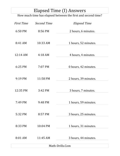 The Elapsed Time up to 5 Hours in 1 Minute Intervals (I) Math Worksheet Page 2