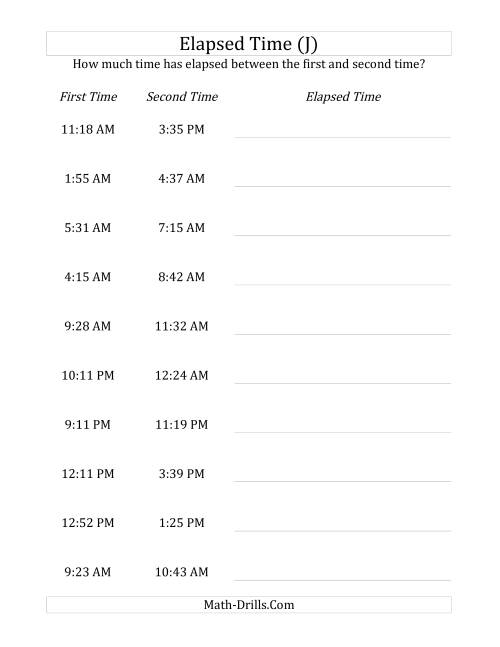 The Elapsed Time up to 5 Hours in 1 Minute Intervals (J) Math Worksheet
