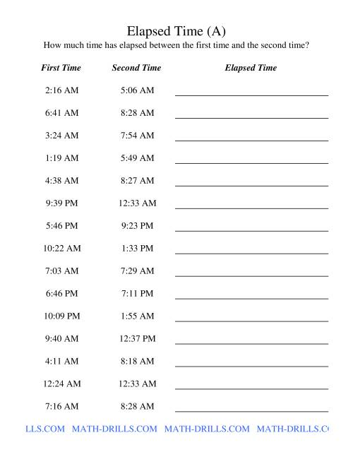 The Elapsed Time up to 5 Hours in 1 Minute Intervals (Old) Math Worksheet