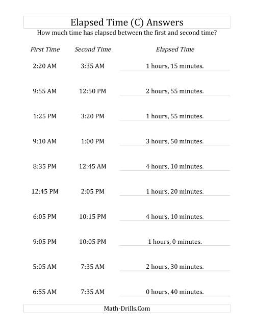The Elapsed Time up to 5 Hours in 5 Minute Intervals (C) Math Worksheet Page 2