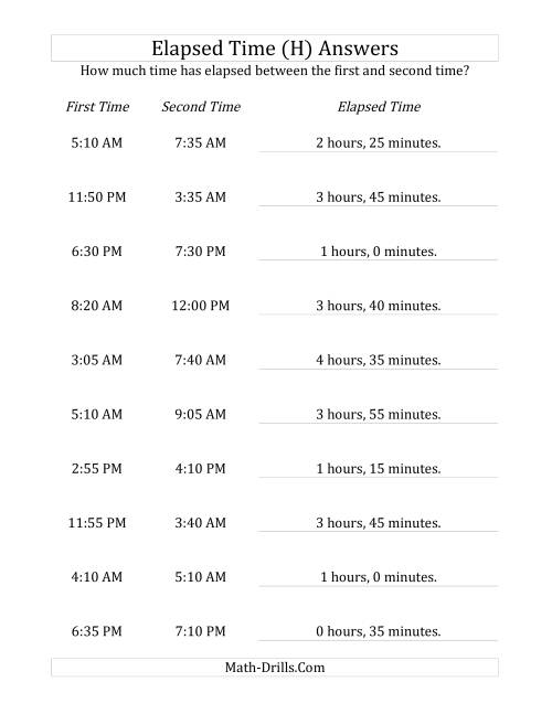 The Elapsed Time up to 5 Hours in 5 Minute Intervals (H) Math Worksheet Page 2