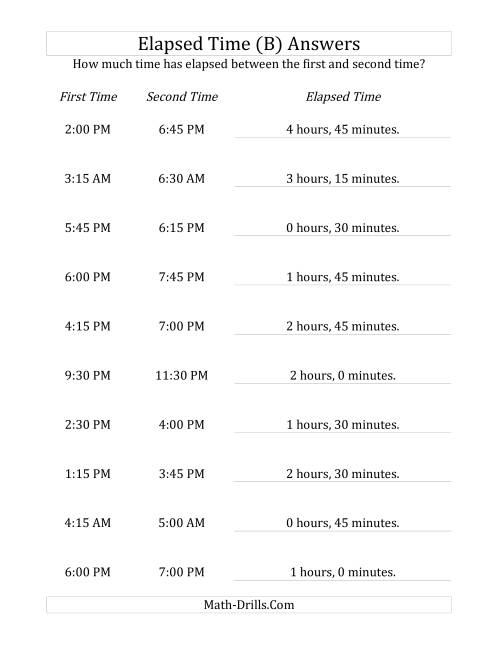 The Elapsed Time up to 5 Hours in 15 Minute Intervals (B) Math Worksheet Page 2