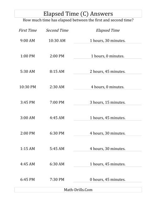 The Elapsed Time up to 5 Hours in 15 Minute Intervals (C) Math Worksheet Page 2